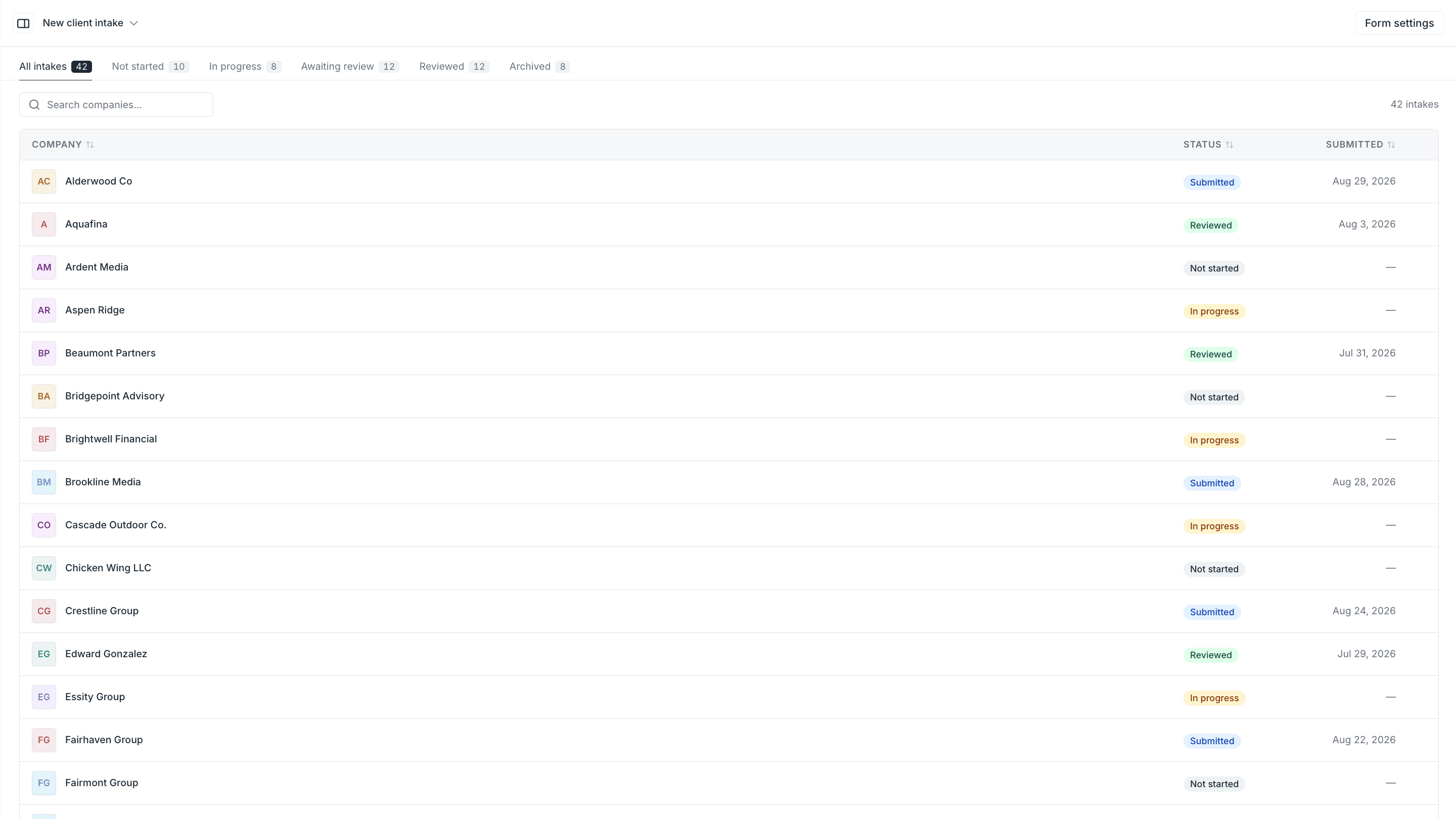 Client intake form template in Assembly.