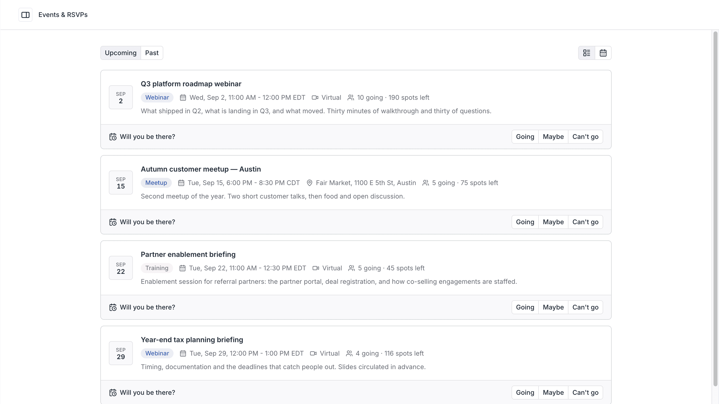 Events and RSVPs template in Assembly.