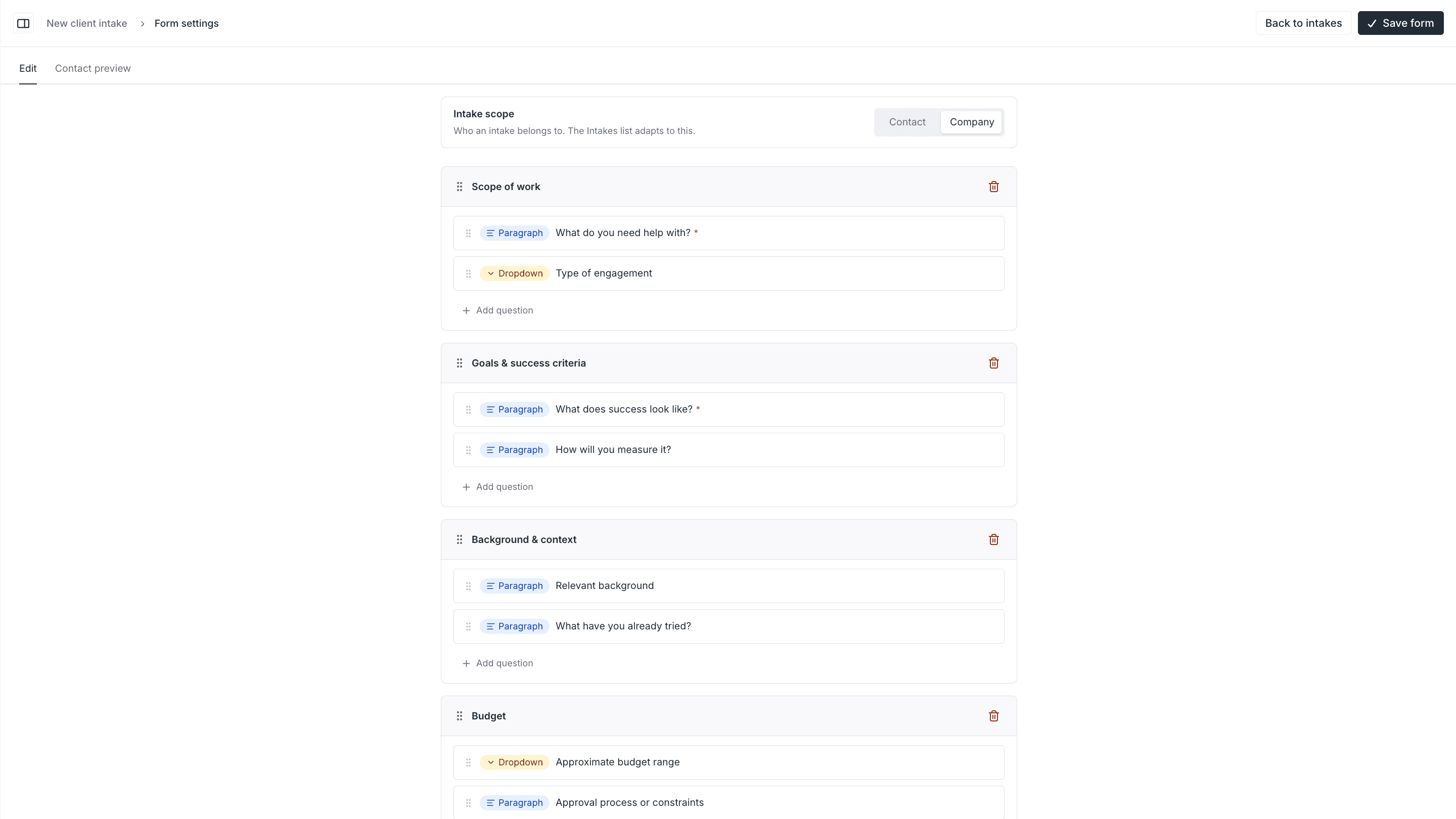 Client intake form as a client sees it.