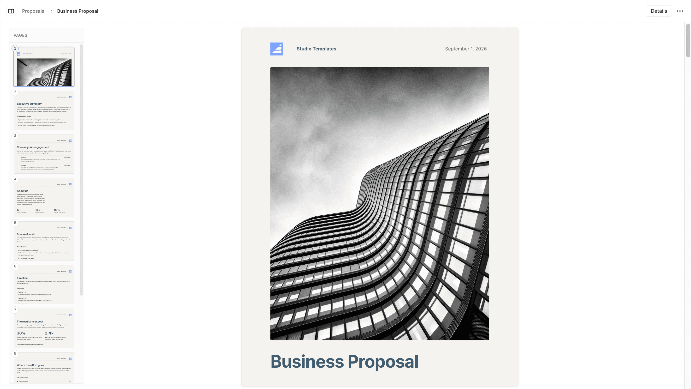 Proposal builder as a client sees it.